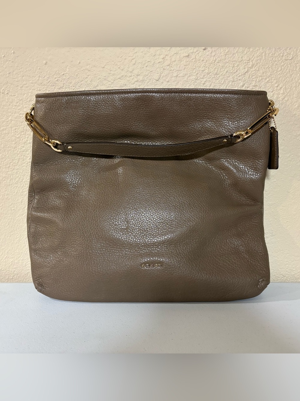 Coach Pebbled Leather Shoulder Madison Hobo Bag in Silt Brown 27858